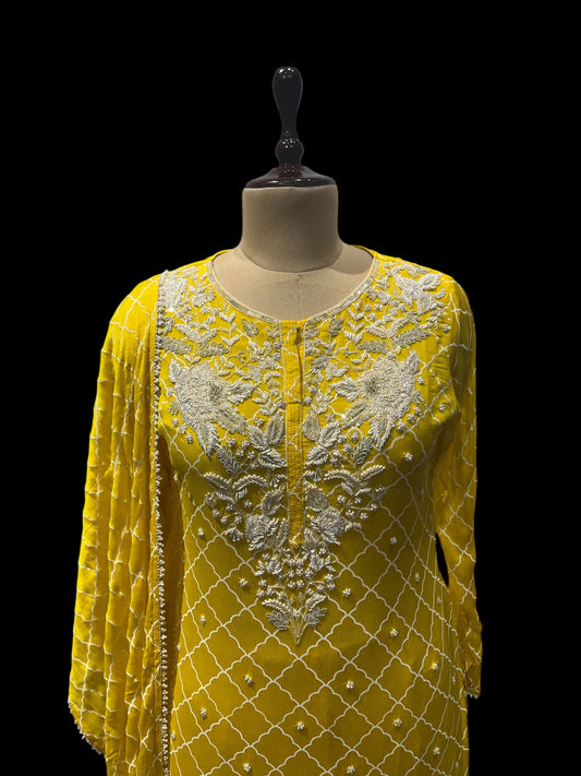 ( DELIVERY IN 30 DAYS ) YELLOW CHINON SHARARA SUIT WITH TRADITIONAL ZARDOZI WORK