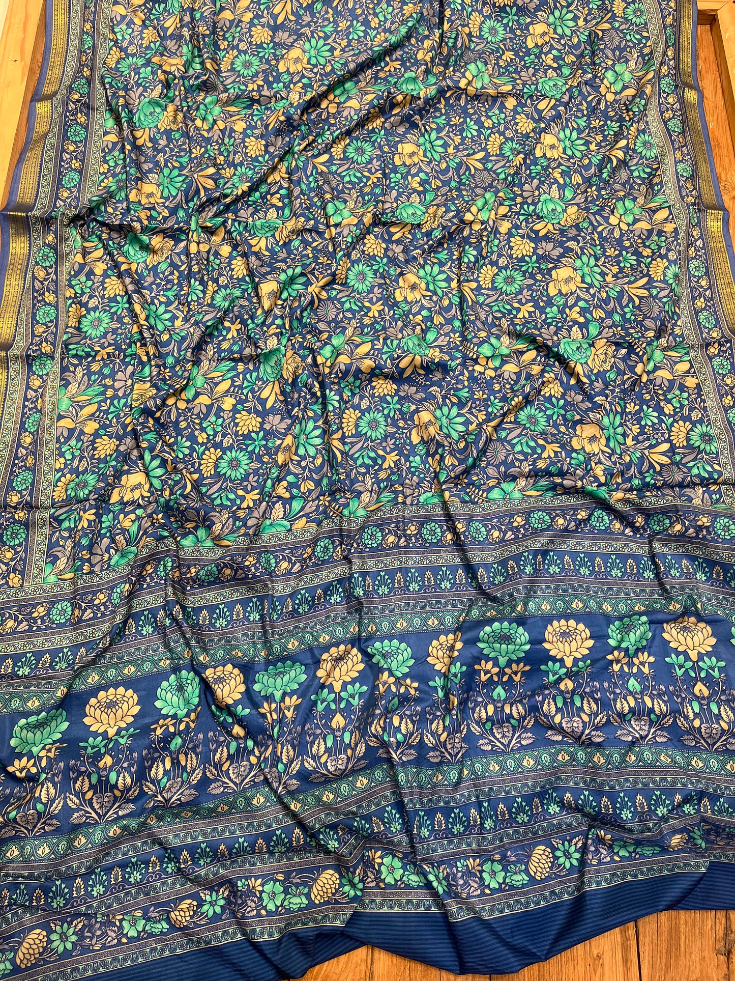 STEEL BLUE ART CREPE SILK PRINTED SAREE WITH ZARI BORDER (DELIVERY TIME 15 DAYS)