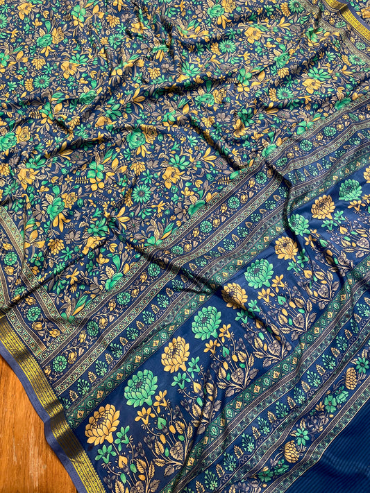 STEEL BLUE ART CREPE SILK PRINTED SAREE WITH ZARI BORDER (DELIVERY TIME 15 DAYS)