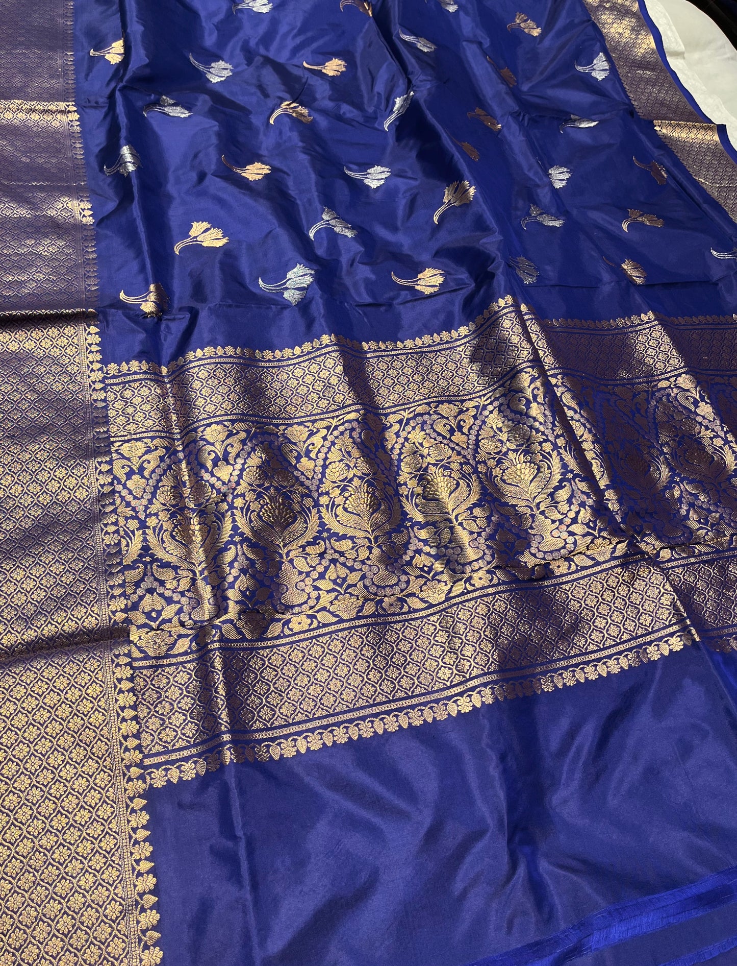 BLUE COLOUR PURE BANARASI KATAN SILK SAREE EMBELLISHED WITH SILVER & GOLDEN ZARI WEAVES