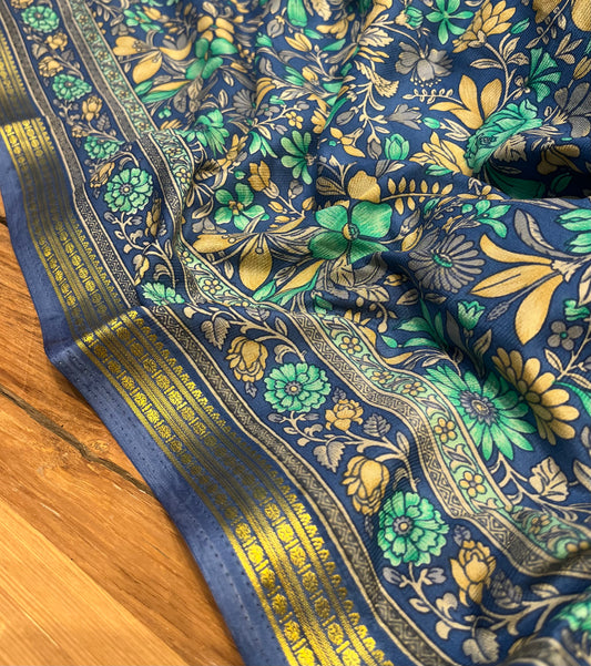 STEEL BLUE ART CREPE SILK PRINTED SAREE WITH ZARI BORDER (DELIVERY TIME 15 DAYS)