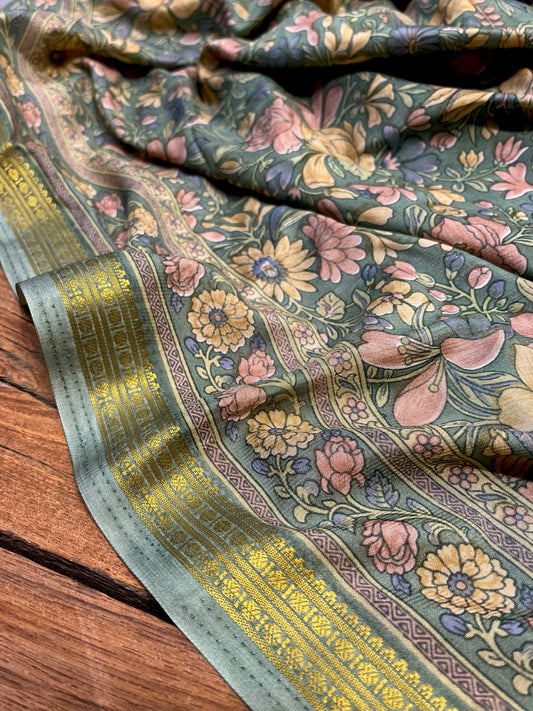 SMOKE GREY ART CREPE SILK PRINTED SAREE WITH ZARI BORDER (DELIVERY TIME 15 DAYS)