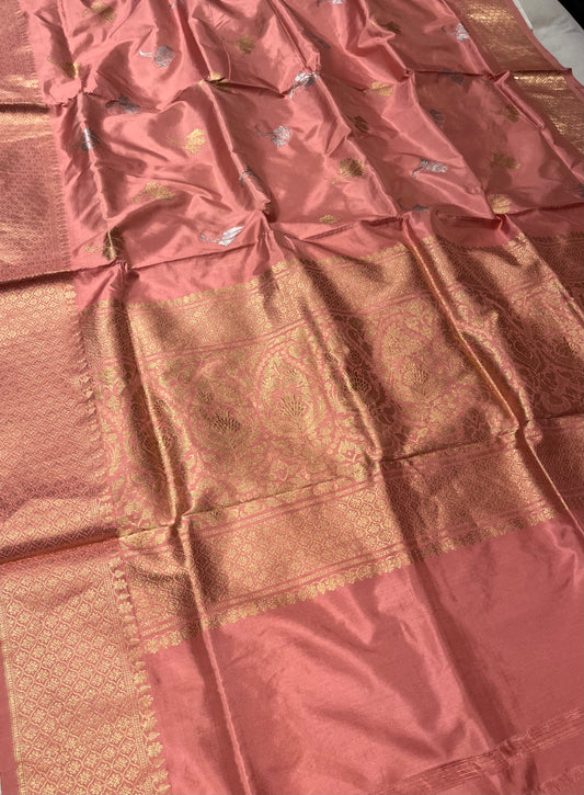 PEACH COLOUR PURE BANARASI KATAN SILK SAREE EMBELLISHED WITH GOLDEN & SILVER ZARI WEAVES