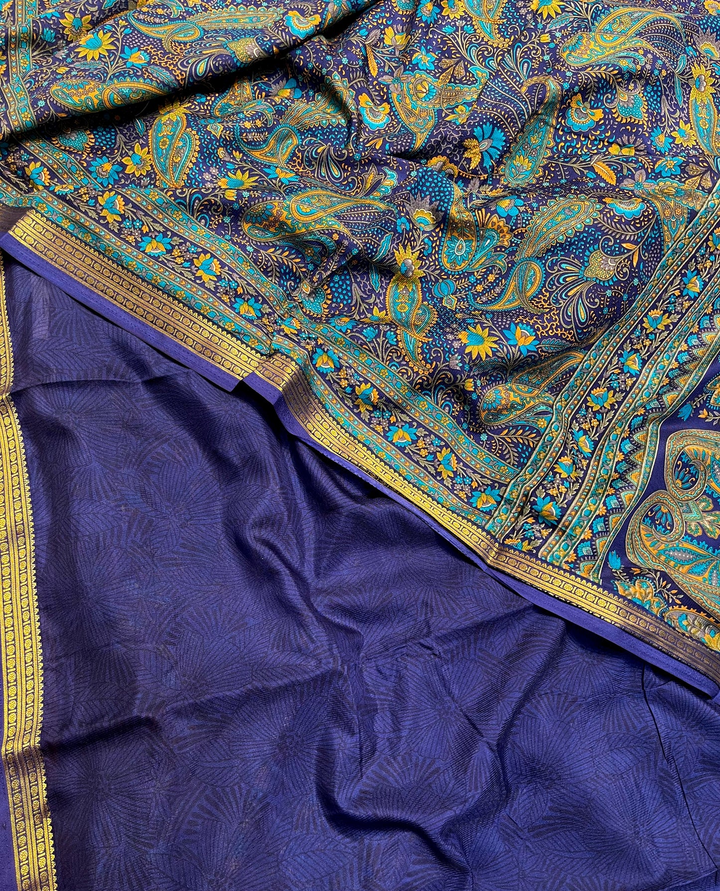 NAVY BLUE ART CREPE SILK PRINTED SAREE WITH ZARI BORDER (DELIVERY TIME 15 DAYS)