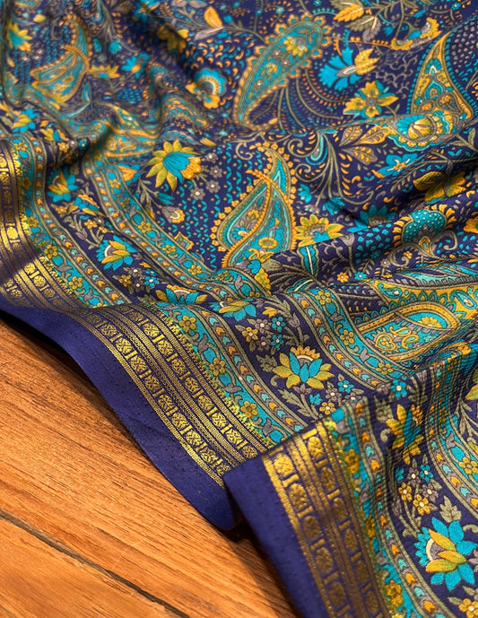 NAVY BLUE ART CREPE SILK PRINTED SAREE WITH ZARI BORDER (DELIVERY TIME 15 DAYS)