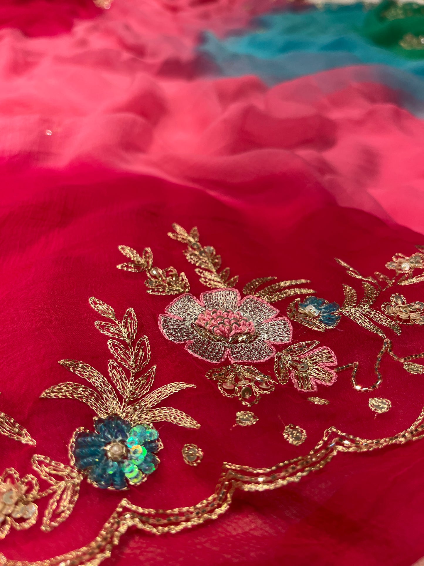 SHADED CHIFFON HAND EMBROIDERED SAREE EMBELLISHED WITH AARI & SEQUINS WORK - Kothari Sons