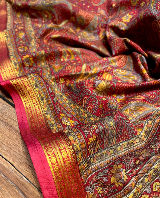 RED ART CREPE SILK PRINTED SAREE WITH ZARI BORDER (DELIVERY TIME 15 DAYS)