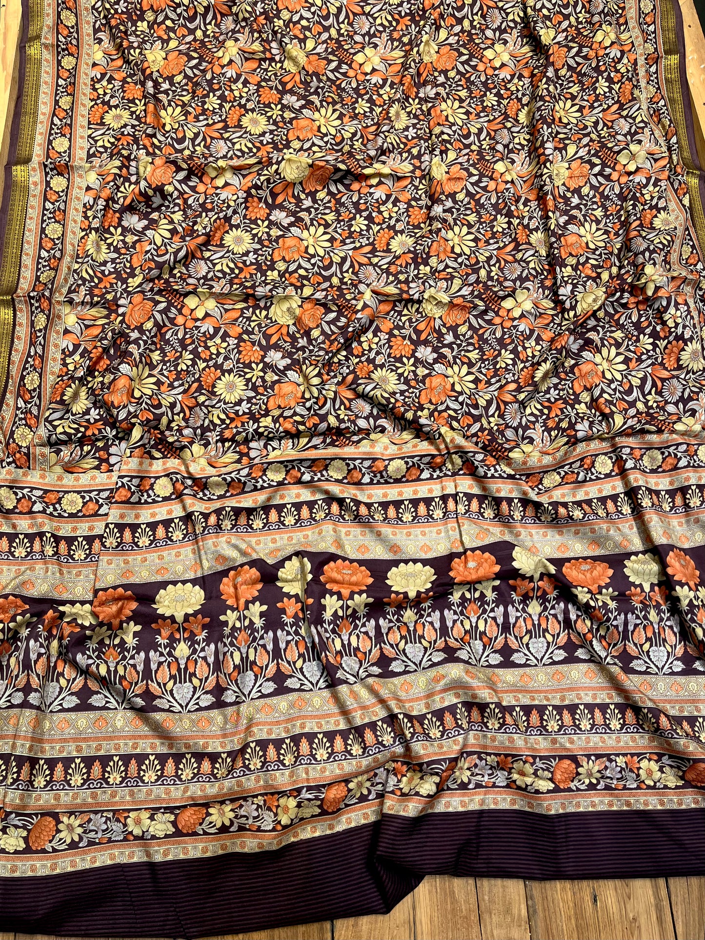 DARK PLUM COLOUR ART CREPE SILK PRINTED SAREE WITH ZARI BORDER (DELIVERY TIME 15 DAYS)