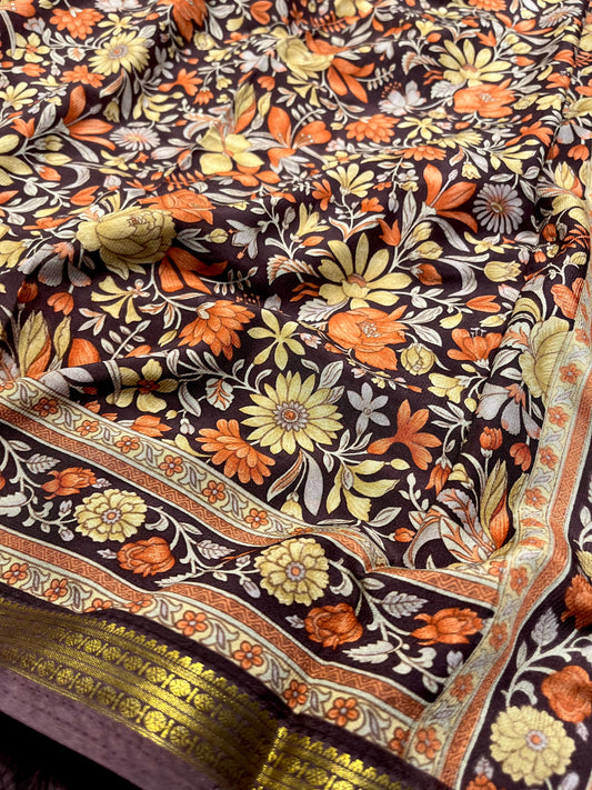 DARK PLUM COLOUR ART CREPE SILK PRINTED SAREE WITH ZARI BORDER (DELIVERY TIME 15 DAYS)