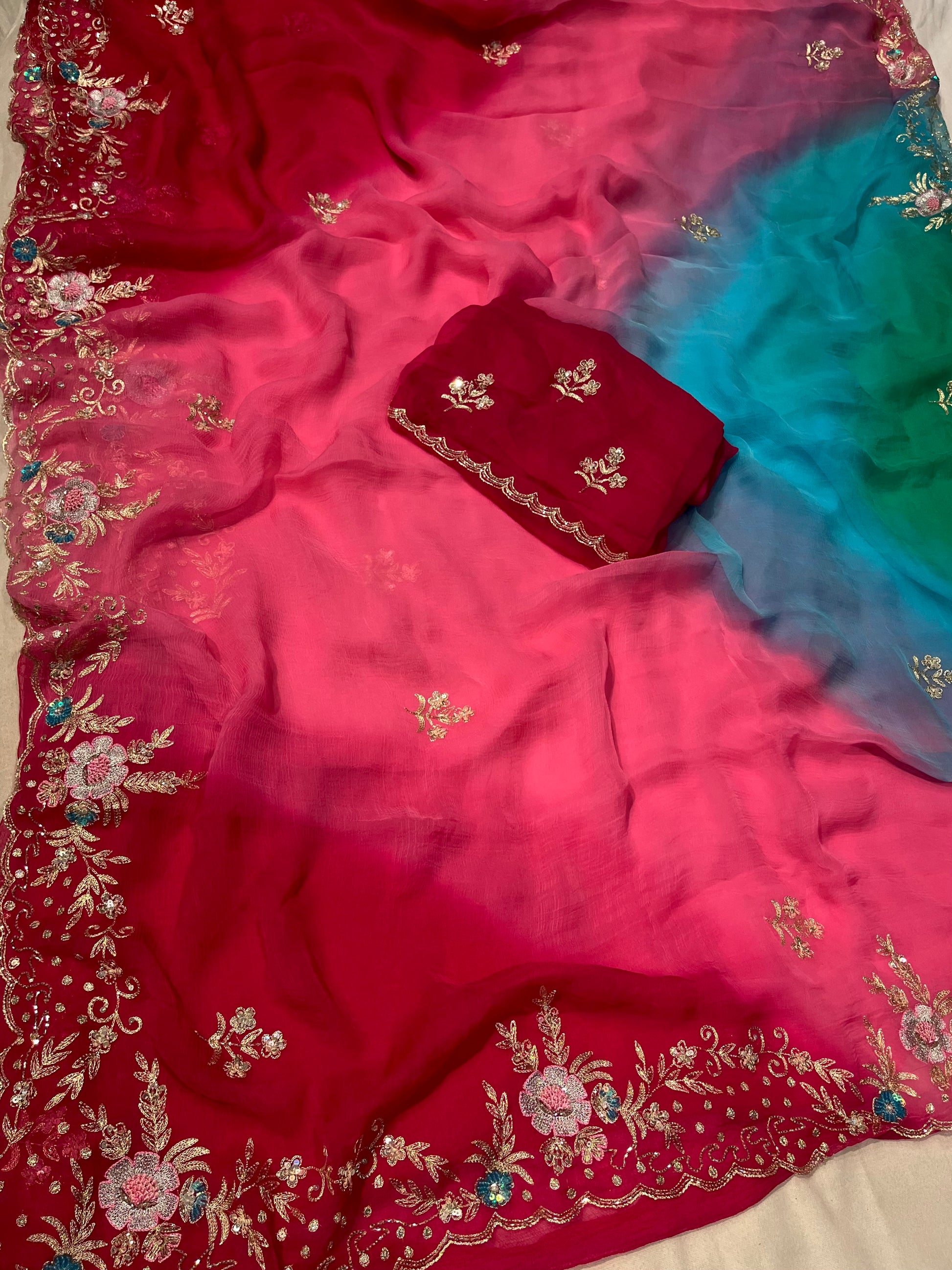 SHADED CHIFFON HAND EMBROIDERED SAREE EMBELLISHED WITH AARI & SEQUINS WORK - Kothari Sons