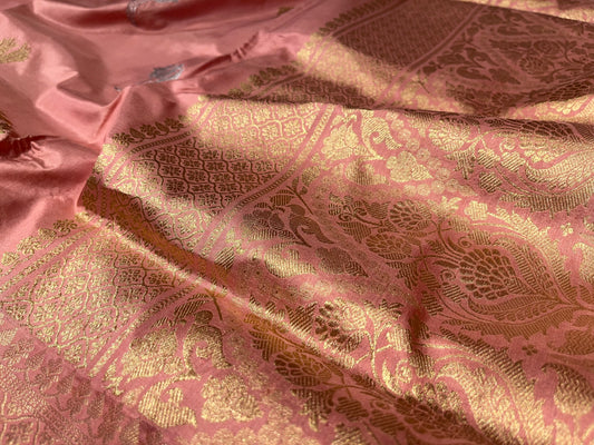 PEACH COLOUR PURE BANARASI KATAN SILK SAREE EMBELLISHED WITH GOLDEN & SILVER ZARI WEAVES