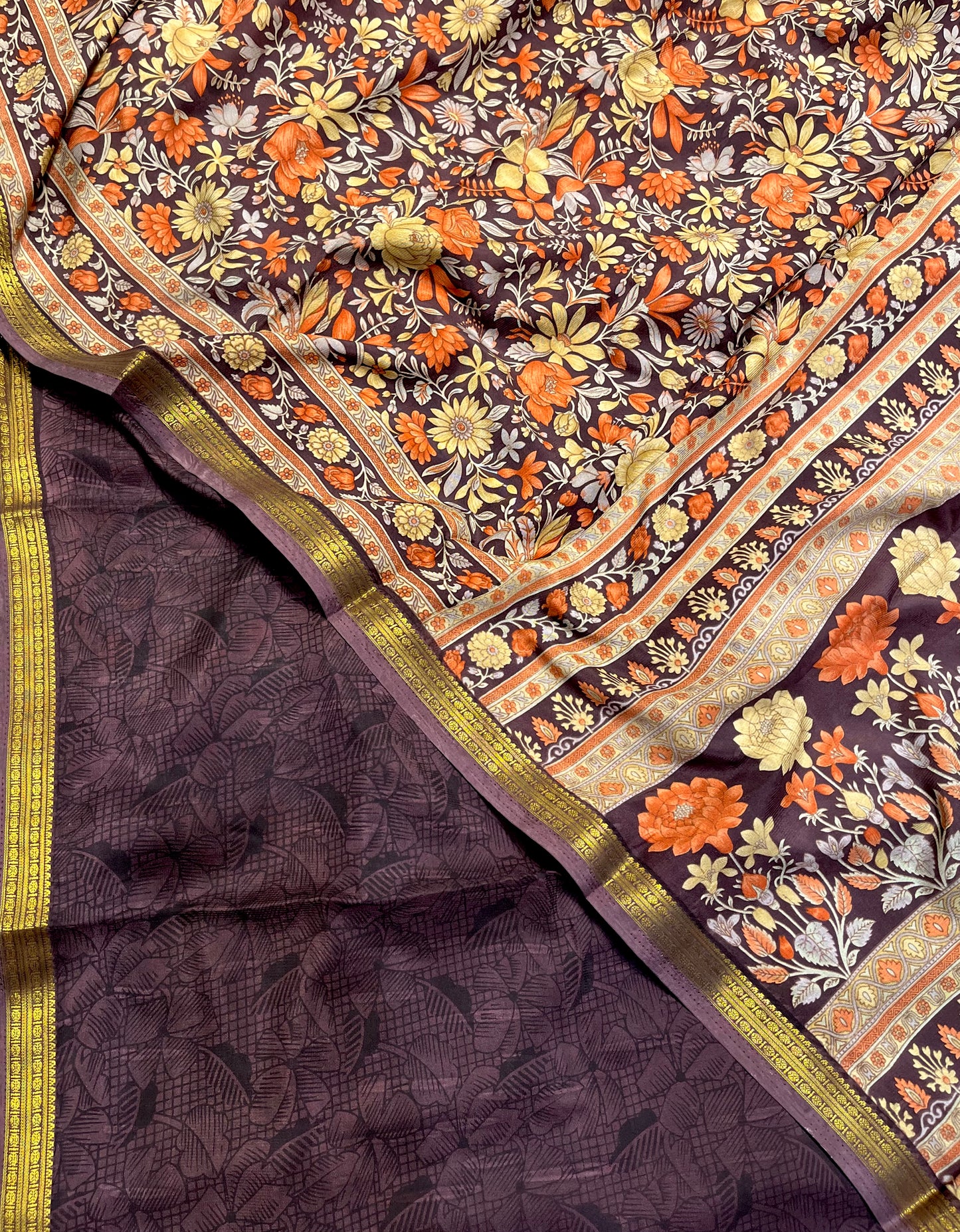 DARK PLUM COLOUR ART CREPE SILK PRINTED SAREE WITH ZARI BORDER (DELIVERY TIME 15 DAYS)