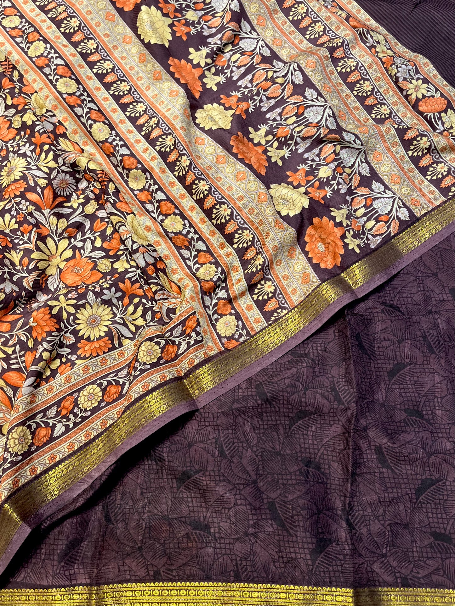 DARK PLUM COLOUR ART CREPE SILK PRINTED SAREE WITH ZARI BORDER (DELIVERY TIME 15 DAYS)