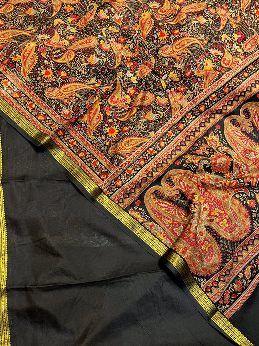BLACK ART CREPE SILK PRINTED SAREE WITH ZARI BORDER (DELIVERY TIME 15 DAYS)