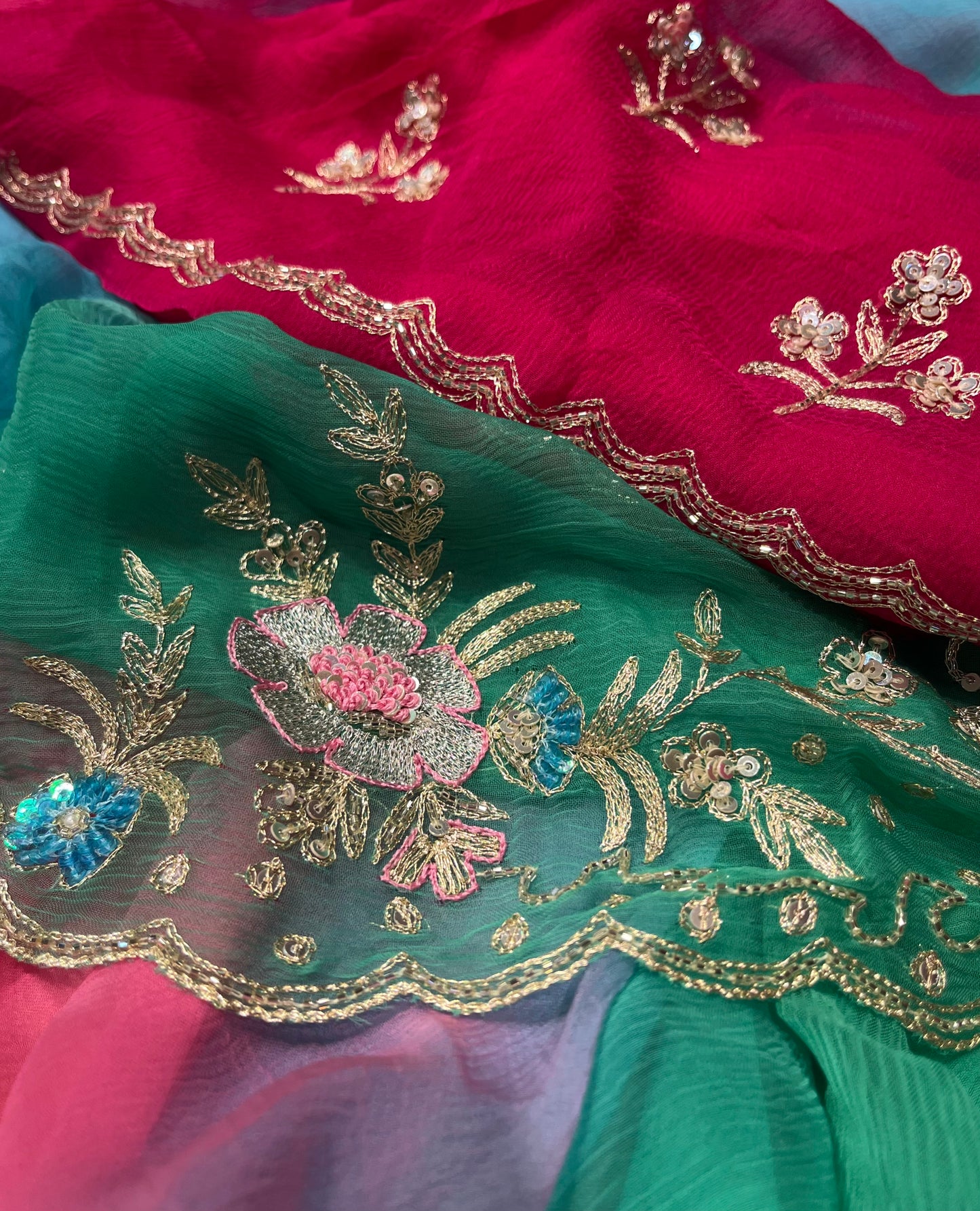 SHADED CHIFFON HAND EMBROIDERED SAREE EMBELLISHED WITH AARI & SEQUINS WORK - Kothari Sons