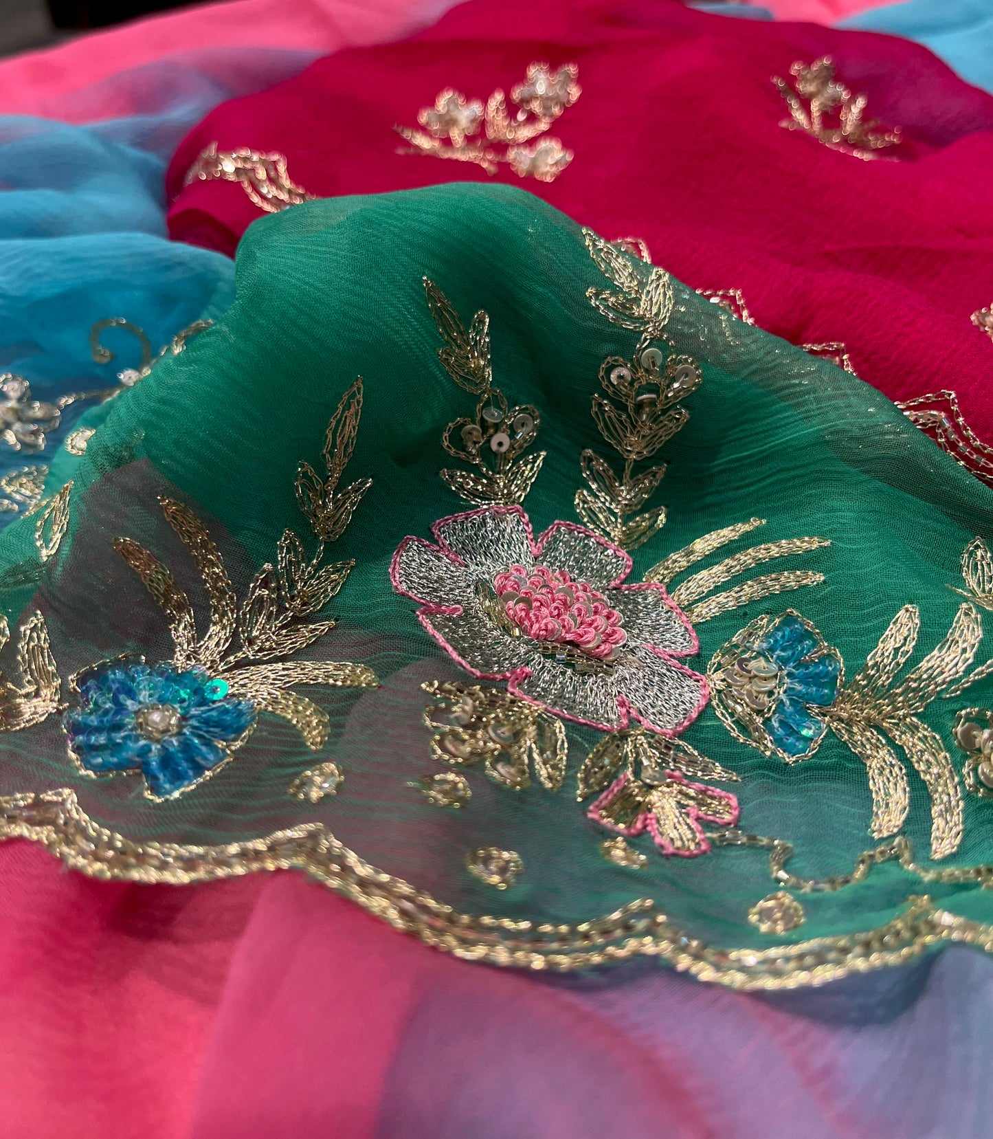 SHADED CHIFFON HAND EMBROIDERED SAREE EMBELLISHED WITH AARI & SEQUINS WORK - Kothari Sons