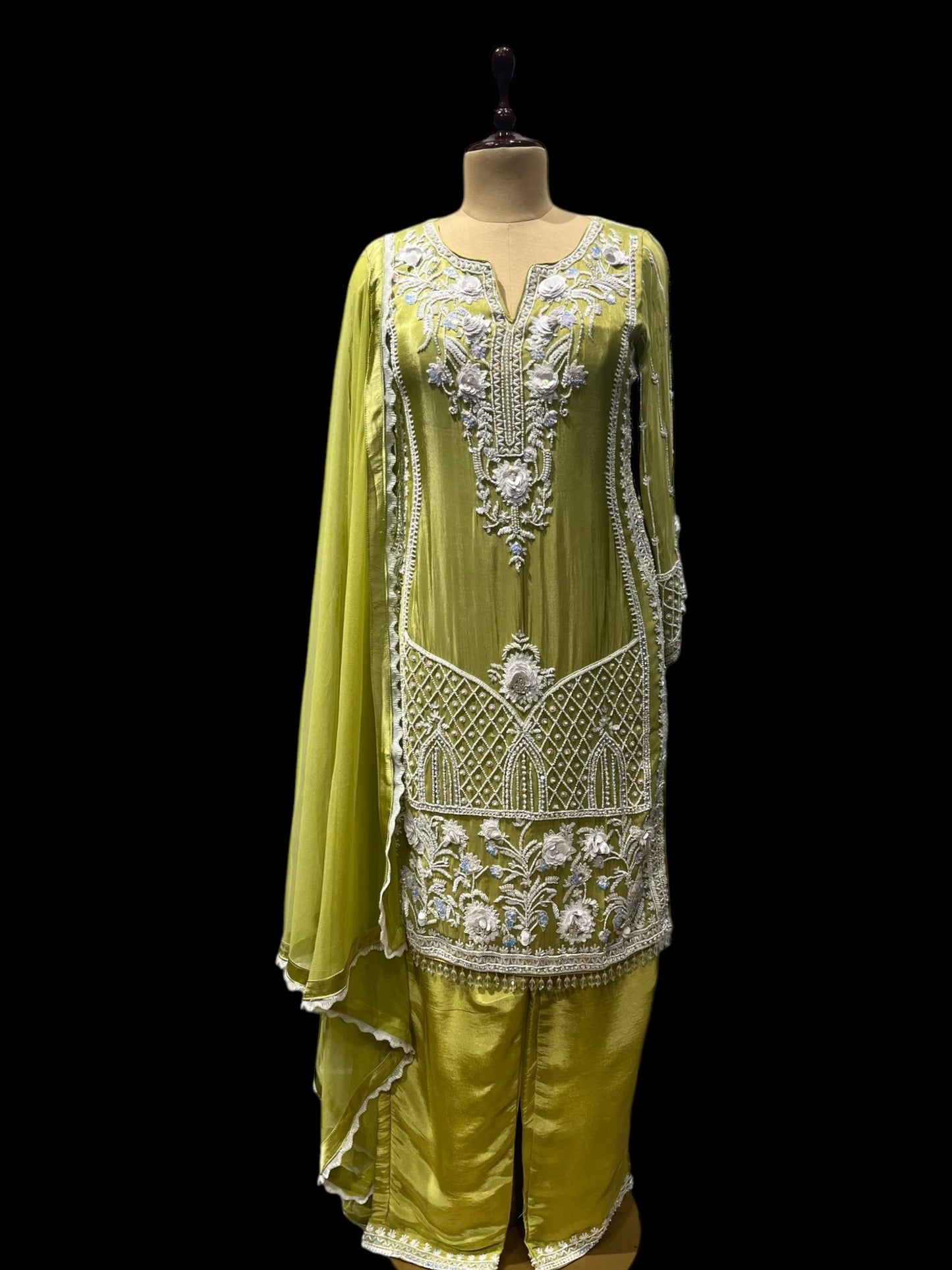 PISTA GREEN TISSUE PALAZZO SUIT WITH TRADITIONAL MIRROR WORK