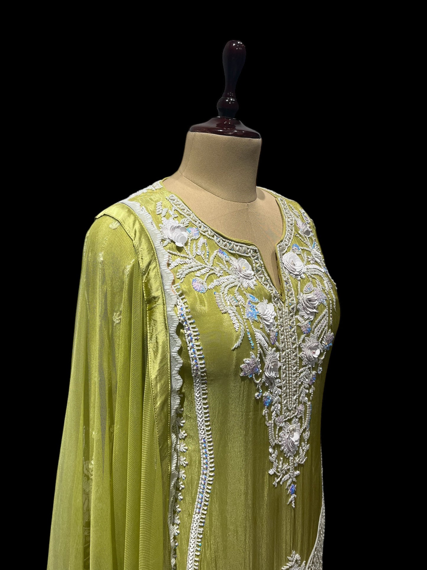 PISTA GREEN TISSUE PALAZZO SUIT WITH TRADITIONAL MIRROR WORK