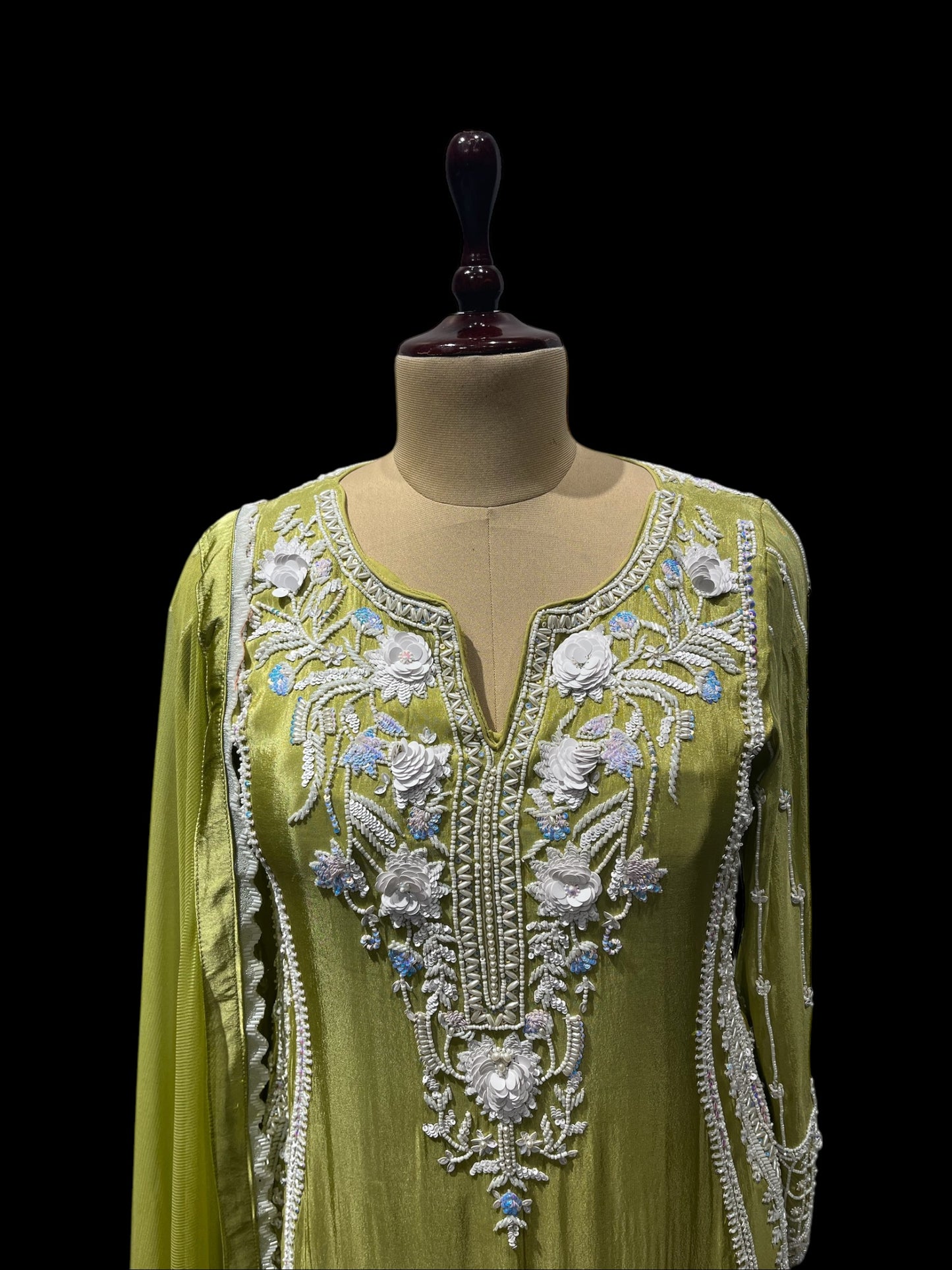 PISTA GREEN TISSUE PALAZZO SUIT WITH TRADITIONAL MIRROR WORK