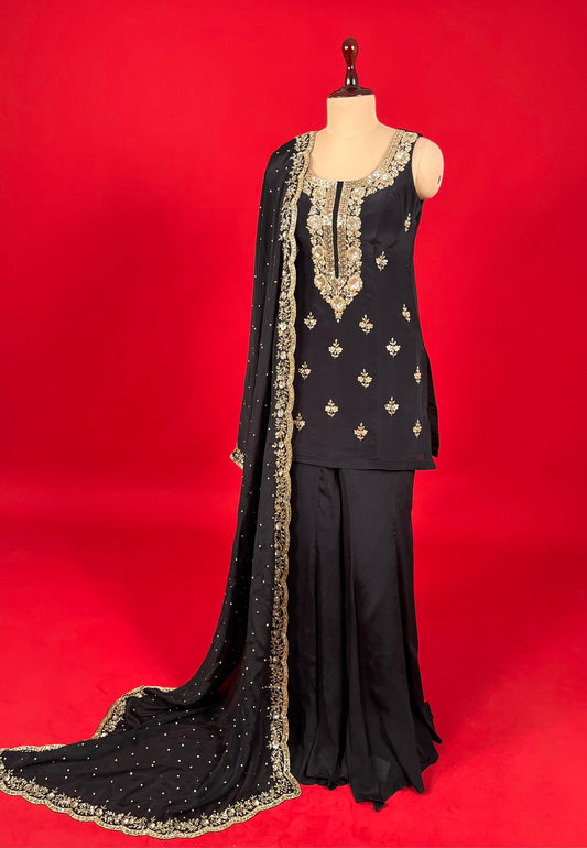 BLACK COLOUR CREPE SILK KURTA WITH CHINON PALAZZO & DUPATTA EMBELLISHED WITH CUTDANA & SEQUINS WORK