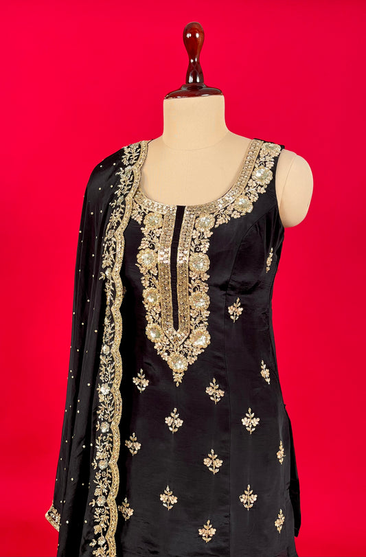 BLACK COLOUR CREPE SILK KURTA WITH CHINON PALAZZO & DUPATTA EMBELLISHED WITH CUTDANA & SEQUINS WORK