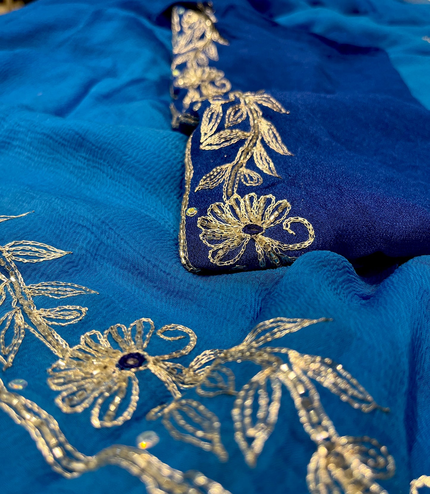 BLUE COLOUR  SHADED CHIFFON HAND EMBROIDERED SAREE EMBELLISHED WITH AARI & SEQUINS WORK ( DELIVERY IN 25 DAYS ) - Kothari Sons