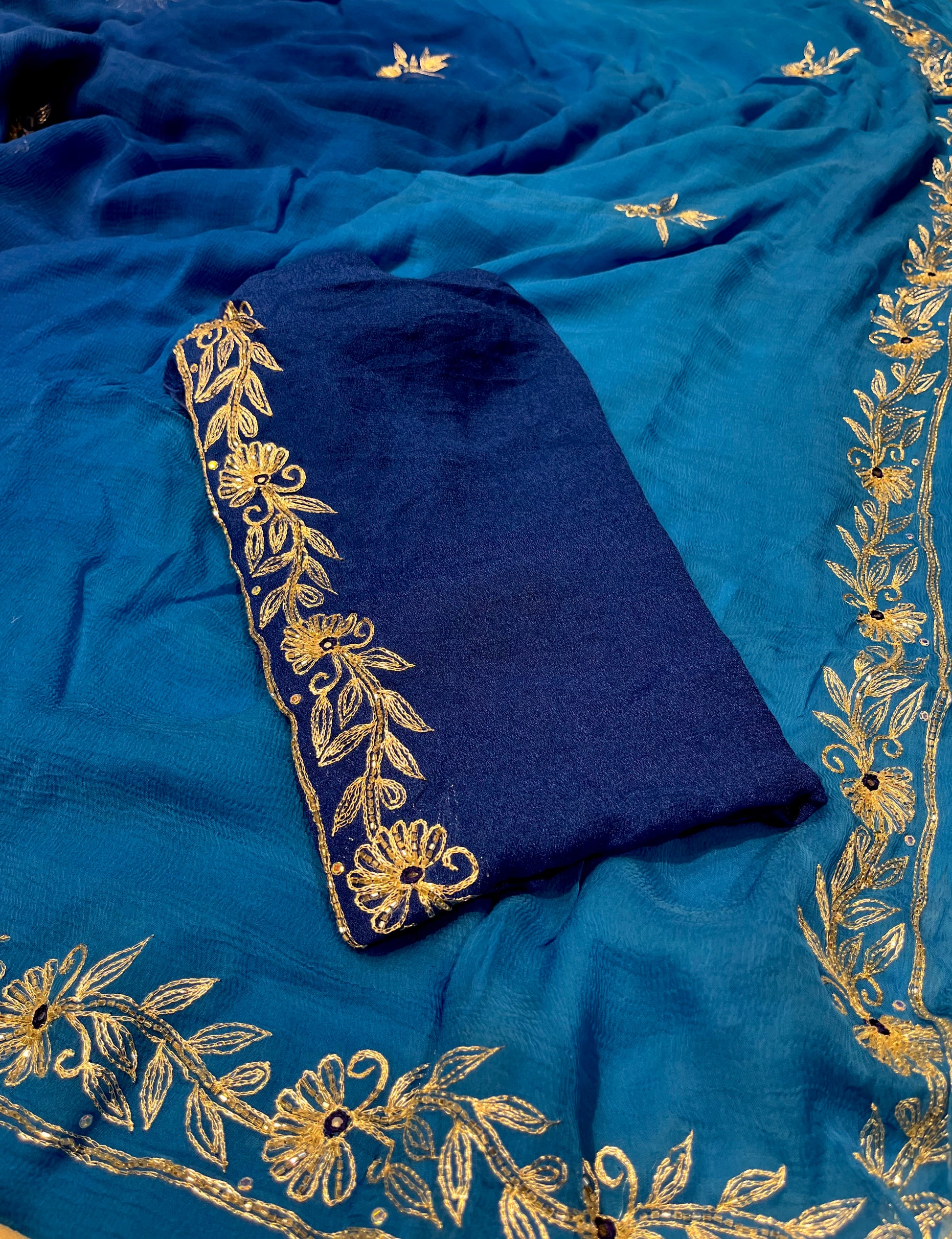 BLUE COLOUR  SHADED CHIFFON HAND EMBROIDERED SAREE EMBELLISHED WITH AARI & SEQUINS WORK ( DELIVERY IN 25 DAYS ) - Kothari Sons