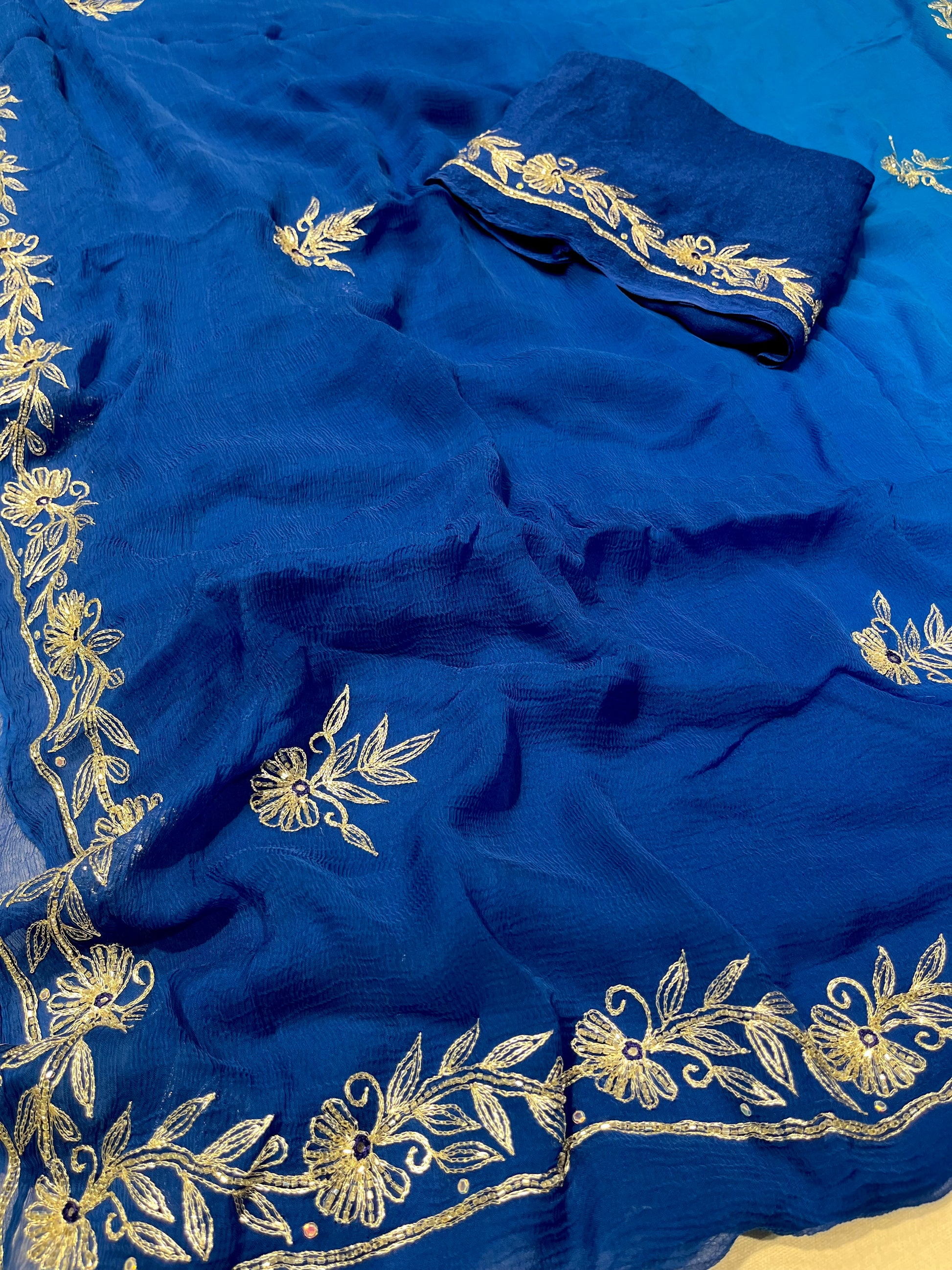 BLUE COLOUR  SHADED CHIFFON HAND EMBROIDERED SAREE EMBELLISHED WITH AARI & SEQUINS WORK ( DELIVERY IN 25 DAYS ) - Kothari Sons