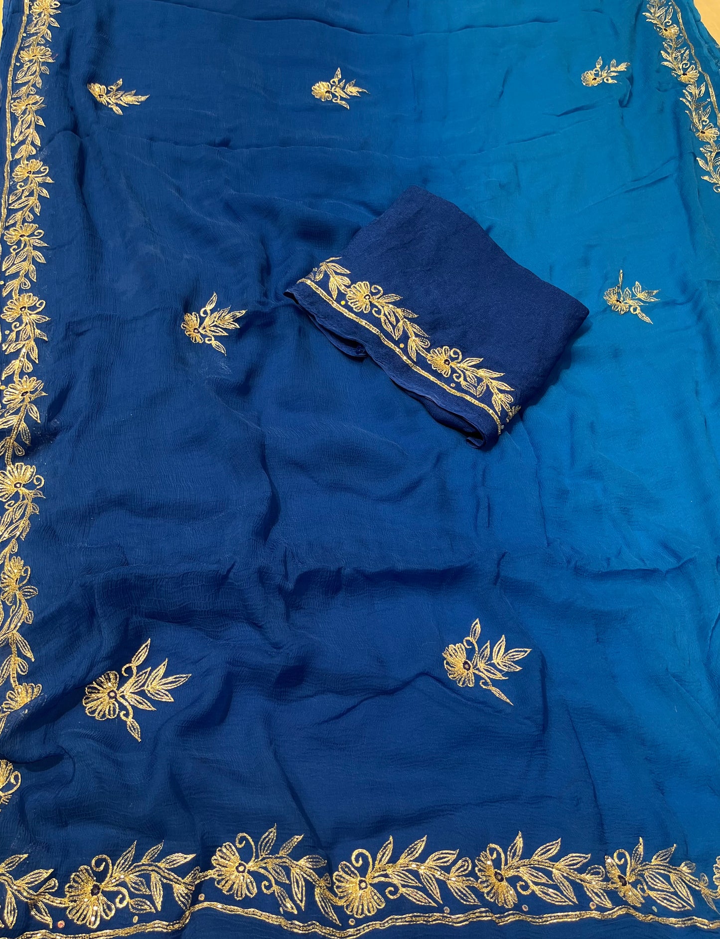 BLUE COLOUR  SHADED CHIFFON HAND EMBROIDERED SAREE EMBELLISHED WITH AARI & SEQUINS WORK ( DELIVERY IN 25 DAYS ) - Kothari Sons
