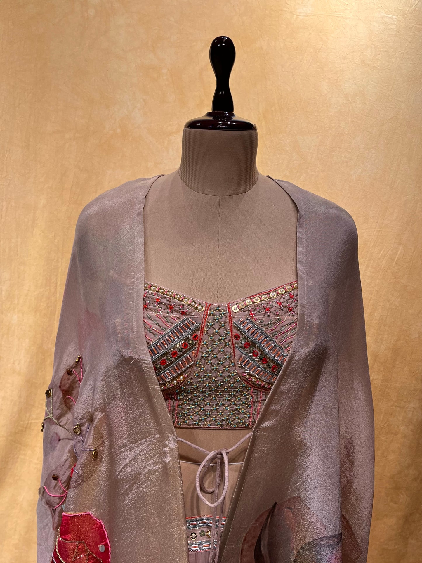 MAUVE COLOUR ORGANZA PALAZZO WITH EMBROIDERED CROP TOP BLOUSE & TISSUE SHRUG EMBELLISHED WITH BEADS & SEQUINS WORK