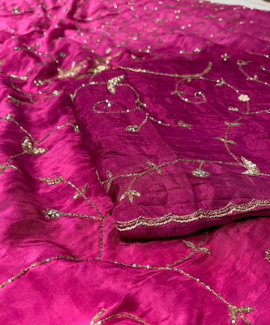 SHADED CREPE SILK EMBROIDERED SAREE EMBELLISHED WITH CUTDANA & AARI WORK - Kothari Sons