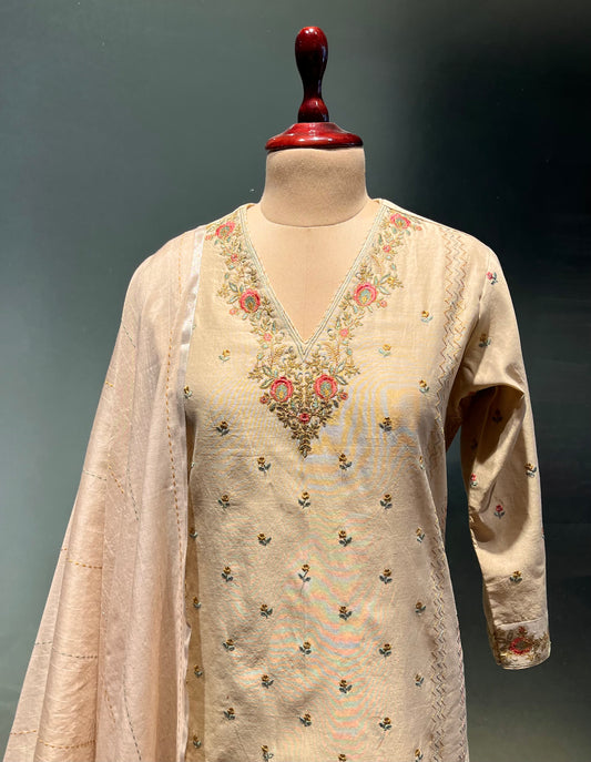 BEIGE COLOUR CHANDERI READYMADE SUIT WITH RESHAM WORK