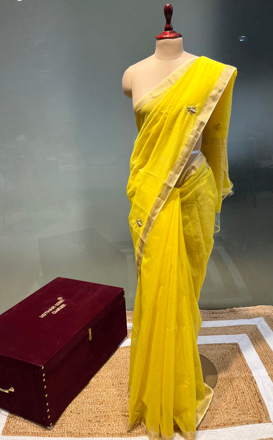 YELLOW COLOUR CHANDERI BEE HAND EMBROIDERED SAREE EMBELLISHED WITH ZARDOZI WORK