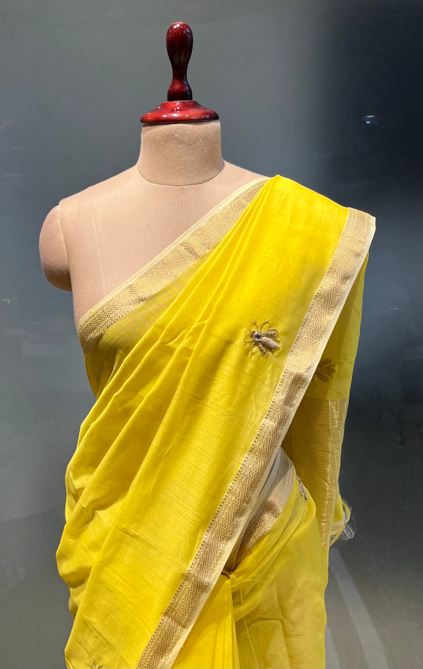 YELLOW COLOUR CHANDERI BEE HAND EMBROIDERED SAREE EMBELLISHED WITH ZARDOZI WORK
