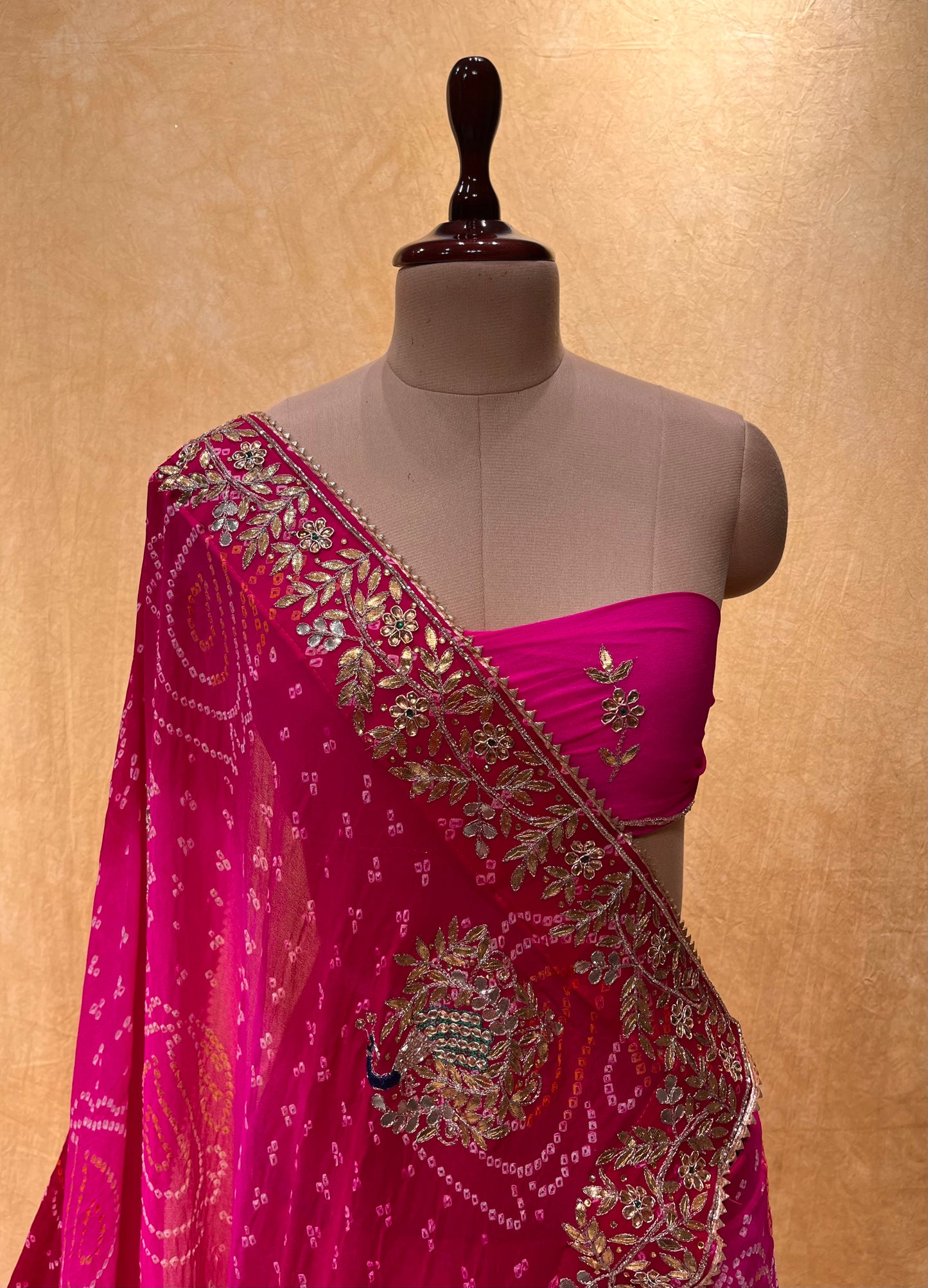 ( DELIVERY IN 25 DAYS ) PINK COLOUR SHADED PURE OJARIYA BANDHANI LEHENGA EMBELLISHED WITH GOTA PATTI & CUTDANA WORK