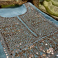 AQUA COLOUR CREPE SILK EMBROIDERED UNSTITCHED SUIT WITH CHINON SHADED DUPATTA EMBELLISHED WITH MIRROR WORK