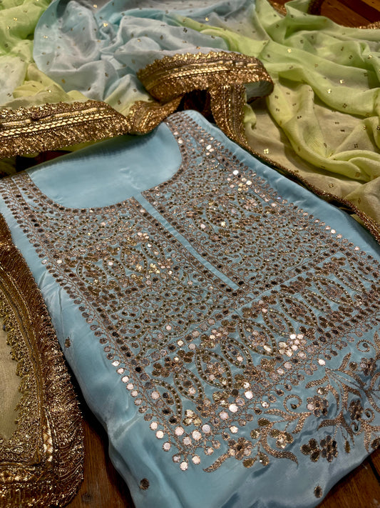 AQUA COLOUR CREPE SILK EMBROIDERED UNSTITCHED SUIT WITH CHINON SHADED DUPATTA EMBELLISHED WITH MIRROR WORK