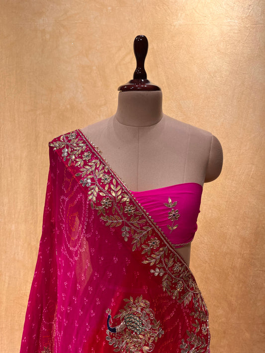 SHADED PURE OJARIYA BANDHANI LEHENGA EMBELLISHED WITH GOTA PATTI & CUTDANA WORK