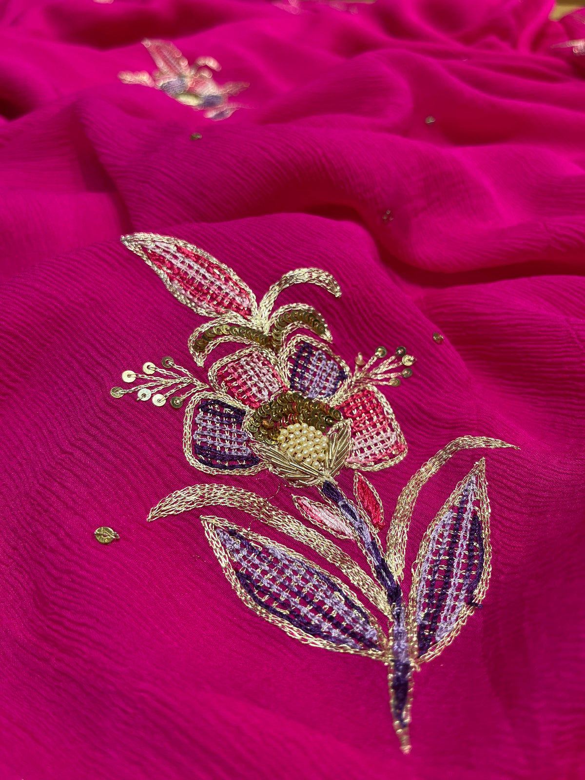 FUCHSIA PINK COLOUR PURE PLATINUM CHIFFON HAND EMBROIDERED SAREE WITH CREPE SILK BLOUSE EMBELLISHED WITH SEQUINS & RESHAM WORK