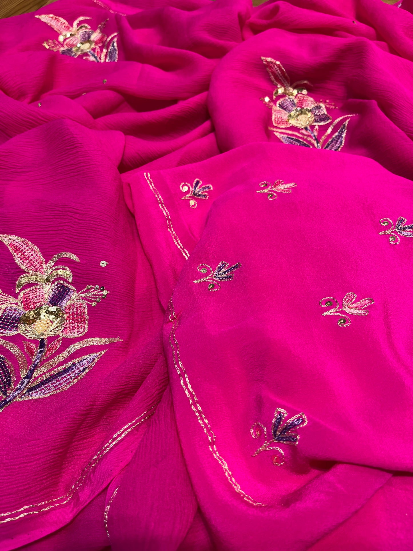 FUCHSIA PINK COLOUR PURE PLATINUM CHIFFON HAND EMBROIDERED SAREE WITH CREPE SILK BLOUSE EMBELLISHED WITH SEQUINS & RESHAM WORK