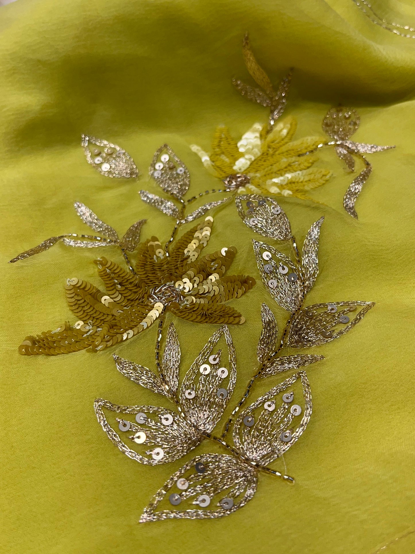 LEMON GREEN COLOUR CHIFFON HAND EMBROIDERED SAREE EMBELLISHED WITH AARI & SEQUINS WORK