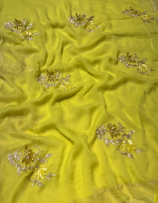 LEMON GREEN COLOUR CHIFFON HAND EMBROIDERED SAREE EMBELLISHED WITH AARI & SEQUINS WORK