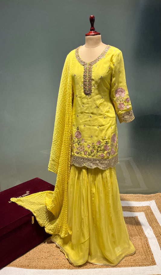 YELLOW COLOUR ORGANZA EMBROIDERED GHARARA SUIT EMBELLISHED WITH RESHAM & ZARDOZI WORK
