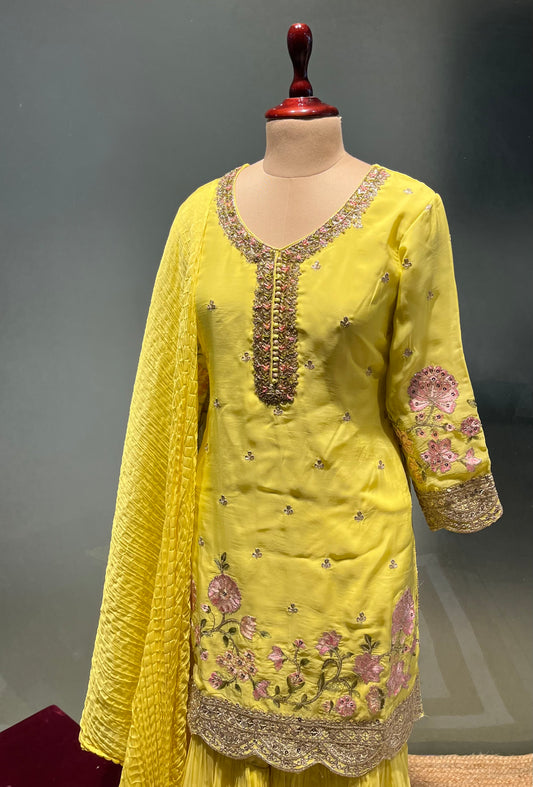 YELLOW COLOUR ORGANZA EMBROIDERED GHARARA SUIT EMBELLISHED WITH RESHAM & ZARDOZI WORK