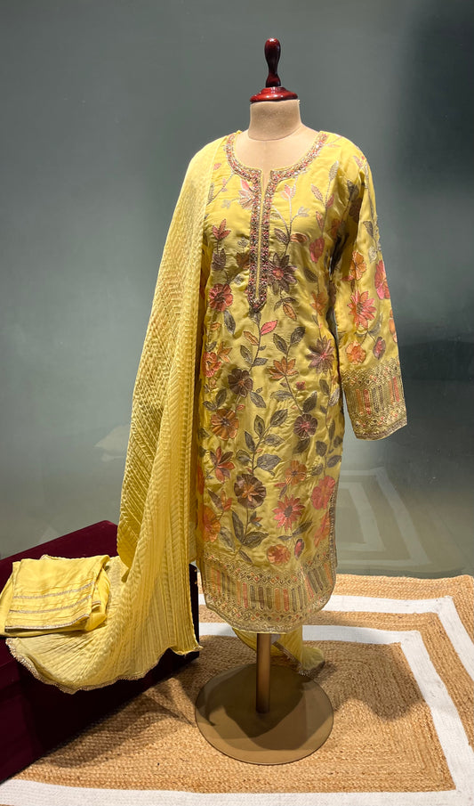 YELLOW COLOUR ORGANZA READYMADE SUIT EMBELLISHED WITH RESHAM EMBROIDERY