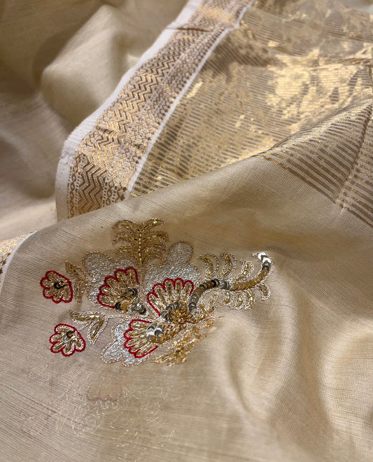 IVORY COLOUR CHANDERI HAND EMBROIDERED SAREE EMBELLISHED WITH CUTDANA & SEQUINS WORK