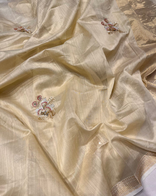 IVORY COLOUR CHANDERI HAND EMBROIDERED SAREE EMBELLISHED WITH CUTDANA & SEQUINS WORK