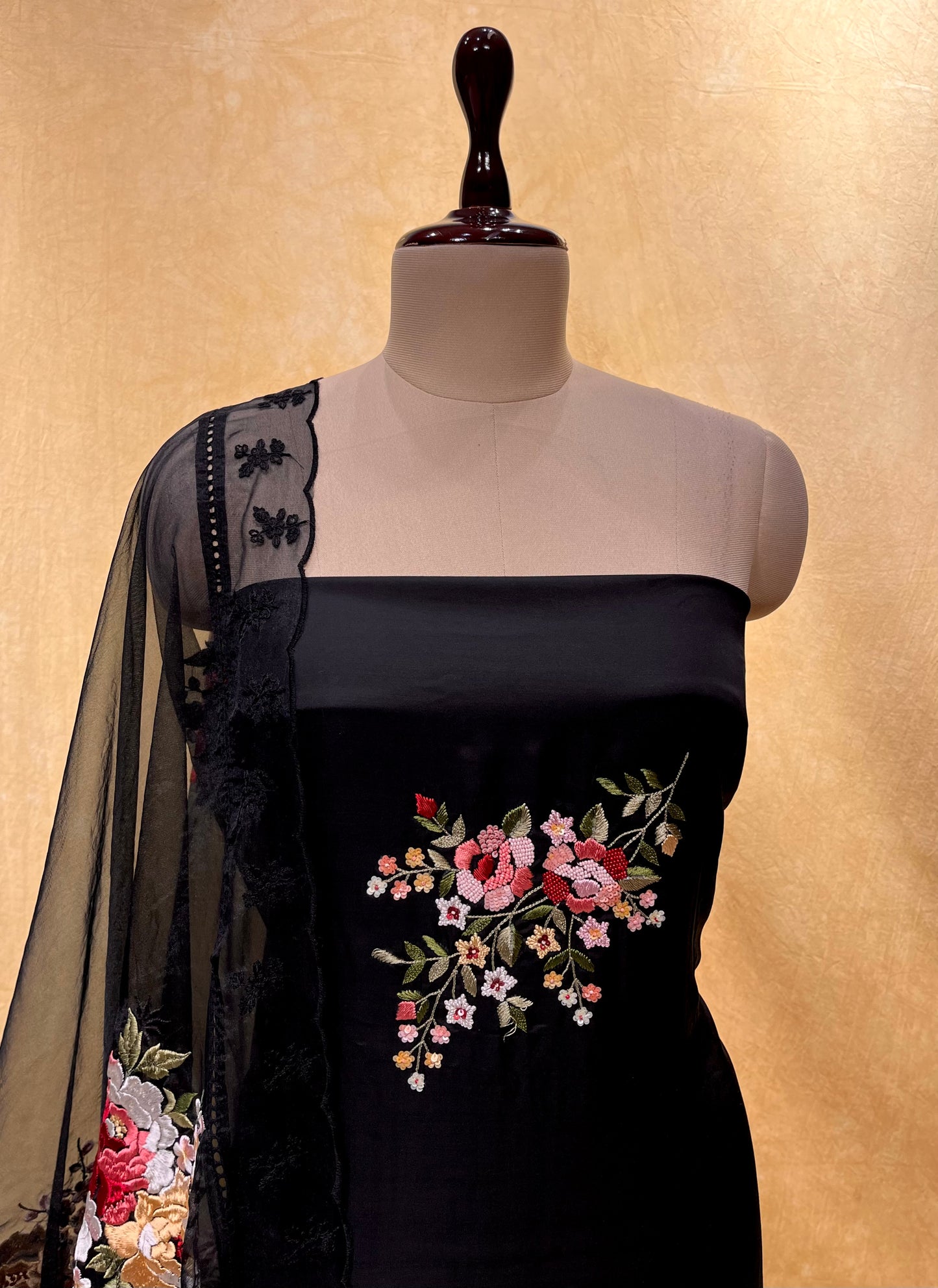 BLACK COLOUR SATIN SILK UNSTITCHED SUIT WITH ORGANZA DUPATTA EMBELLISHED WITH PARSI WORK