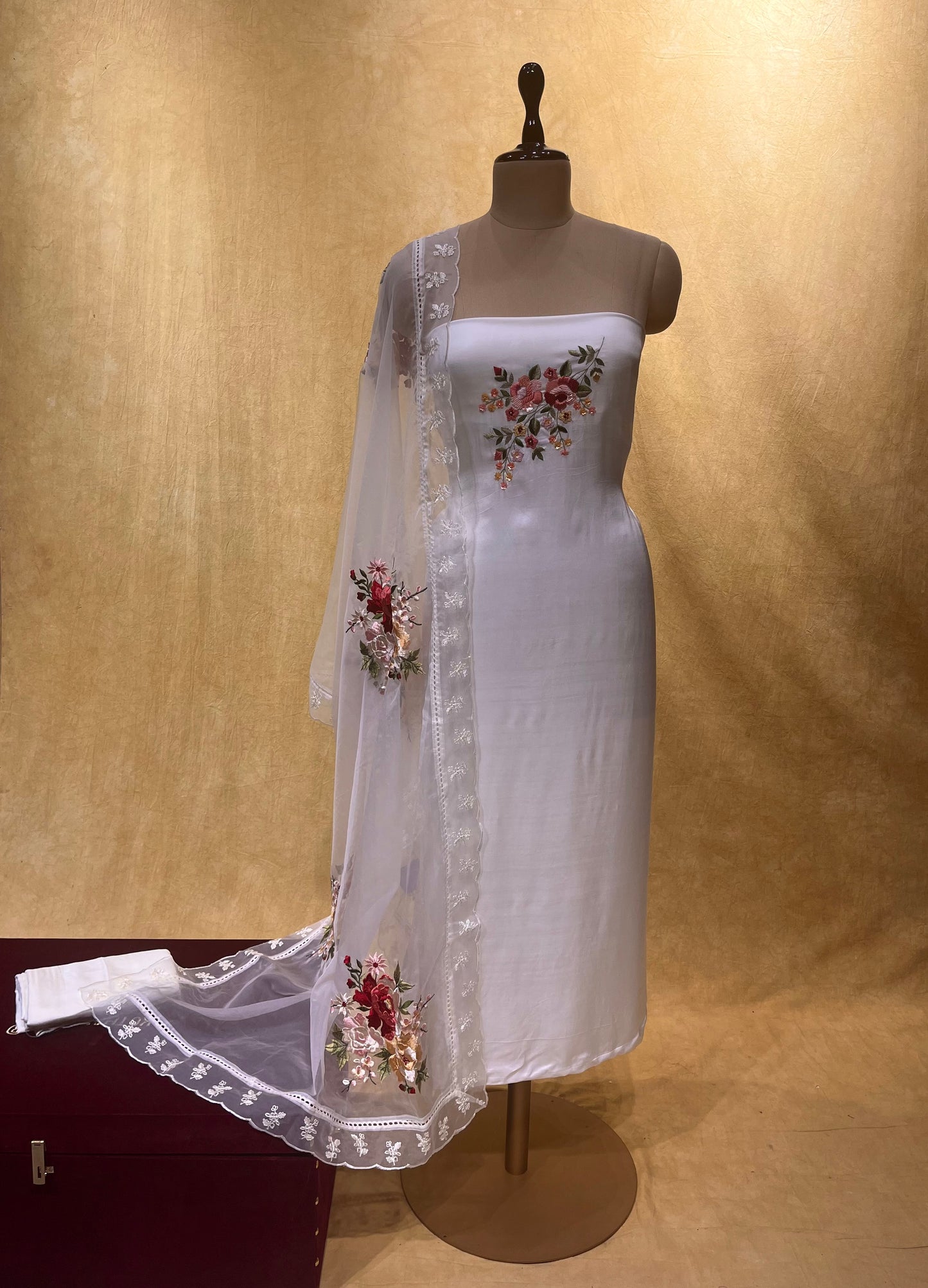 WHITE COLOUR SATIN SILK UNSTITCHED SUIT WITH ORGANZA DUPATTA EMBELLISHED WITH PARSI WORK