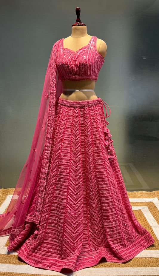 PINK COLOUR NET SEQUINS NET EMBROIDERED LEHENGA